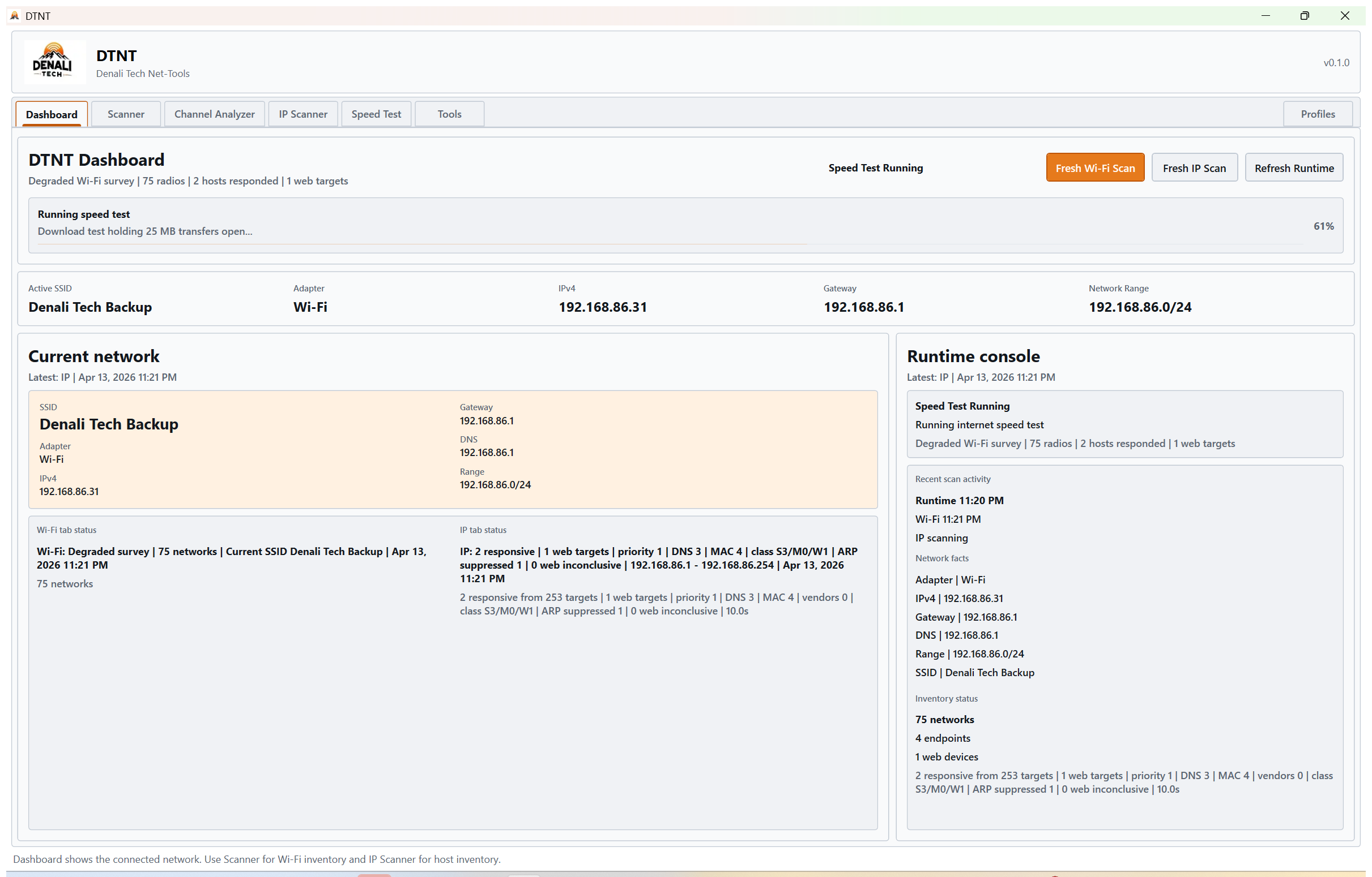 DTNT dashboard summarizing current network identity and runtime context