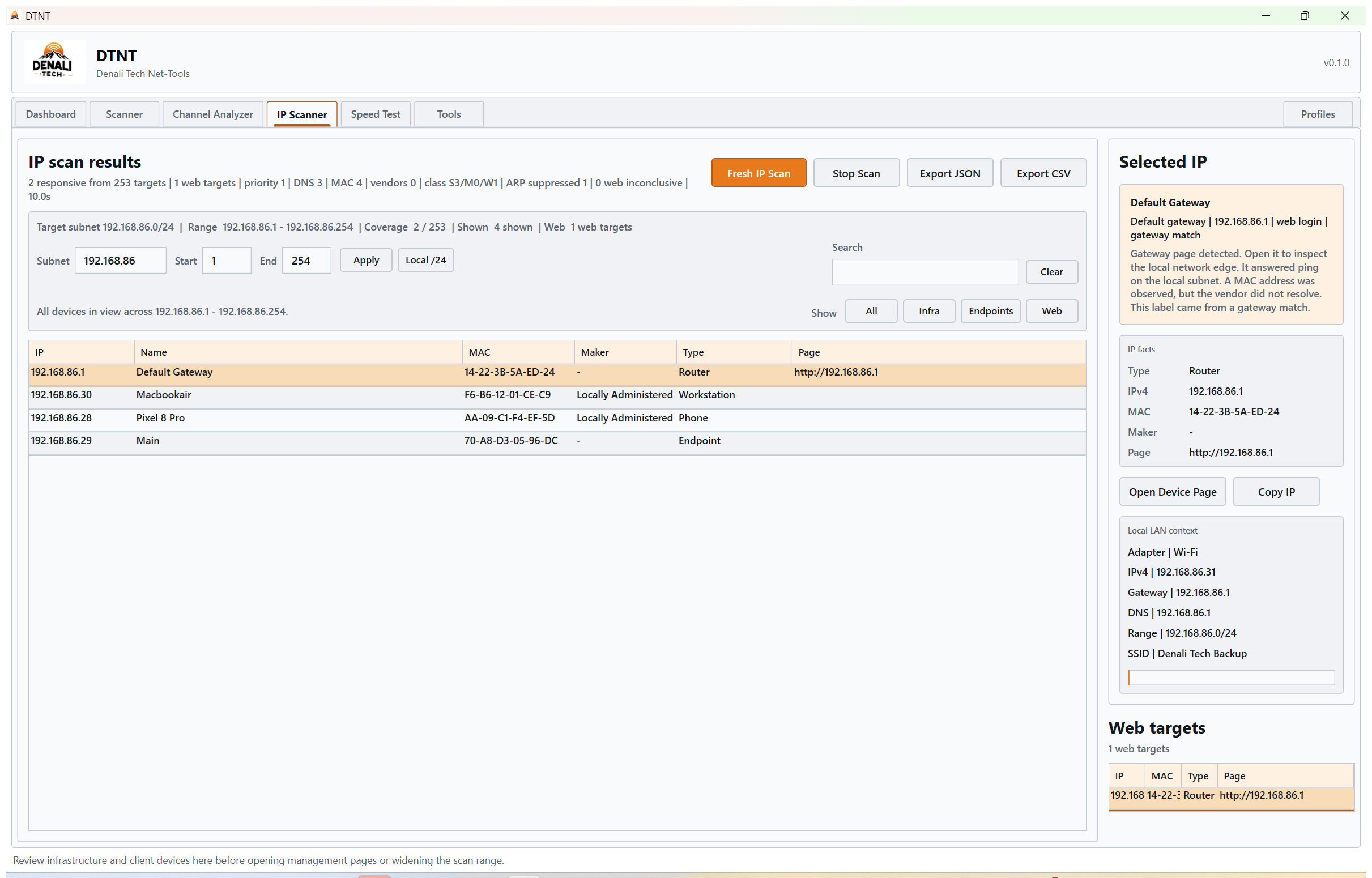 DTNT IP scanner discovering devices on the local network