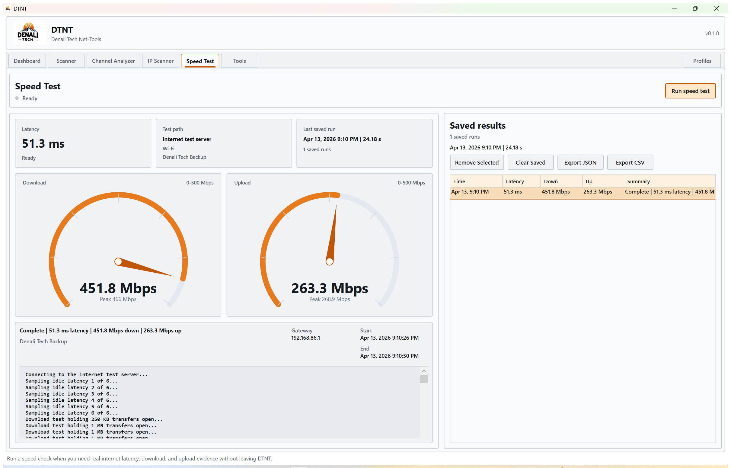 DTNT saved speed test results with measured download, upload, and latency